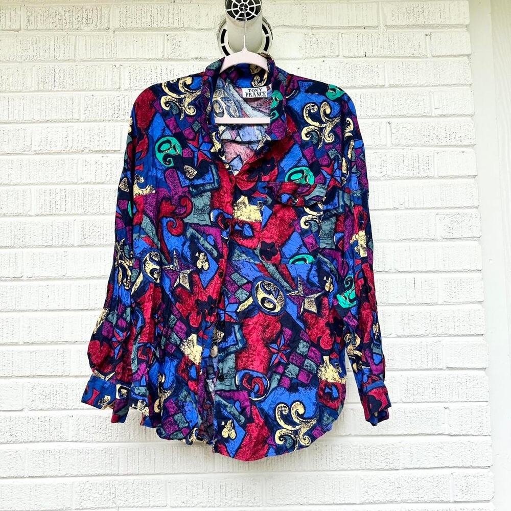 Vintage 90s Tony France Abstract Poker Printed Button Up Blouse